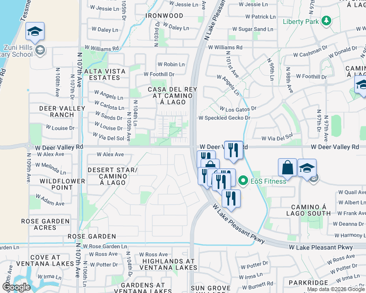 map of restaurants, bars, coffee shops, grocery stores, and more near 10263 West Deer Valley Road in Peoria