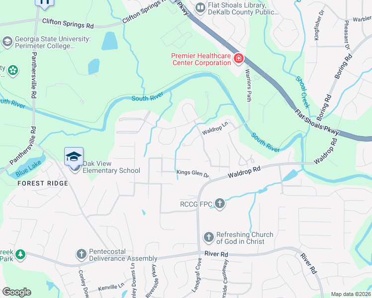 map of restaurants, bars, coffee shops, grocery stores, and more near 3162 Kings Glen Trail in Decatur