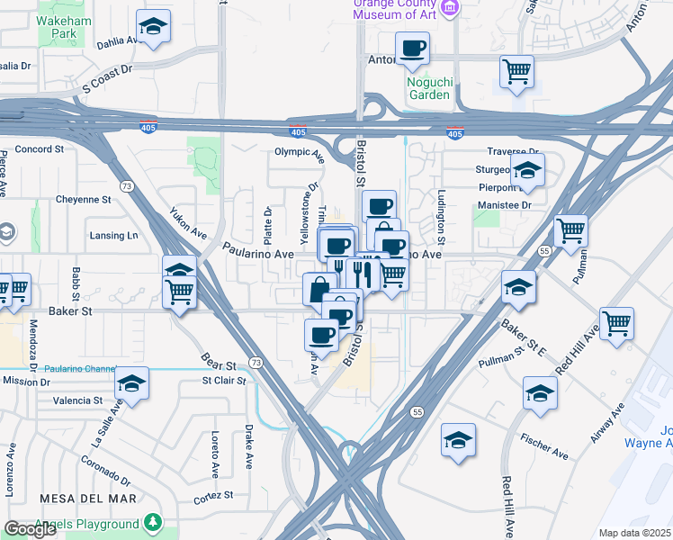 map of restaurants, bars, coffee shops, grocery stores, and more near 3015 Bristol Street in Costa Mesa