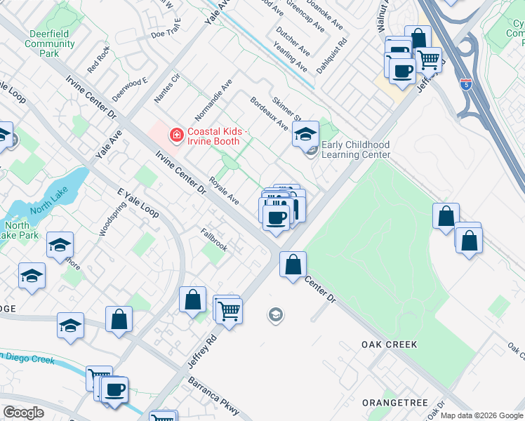 map of restaurants, bars, coffee shops, grocery stores, and more near 5382 Royale Avenue in Irvine