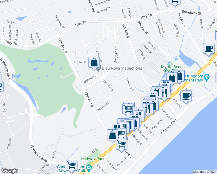 map of restaurants, bars, coffee shops, grocery stores, and more near 301 Beach Walk Place in Myrtle Beach