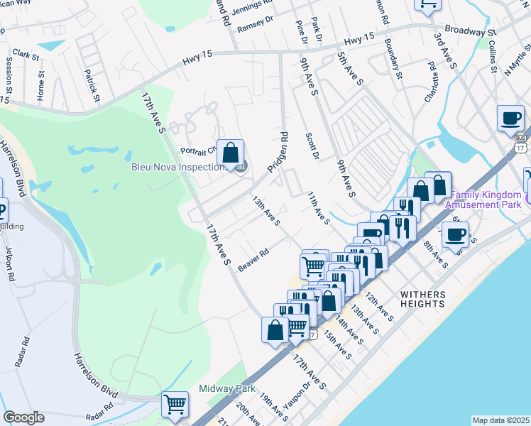 map of restaurants, bars, coffee shops, grocery stores, and more near 302 Beach Walk Place in Myrtle Beach