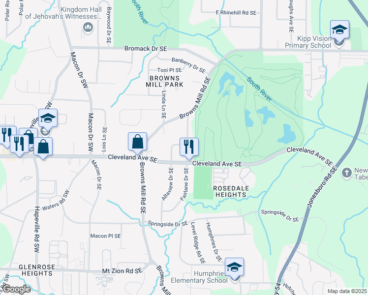 map of restaurants, bars, coffee shops, grocery stores, and more near 2655 Fairlane Drive Southeast in Atlanta