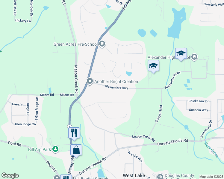 map of restaurants, bars, coffee shops, grocery stores, and more near 6851 Alexander Parkway in Douglasville