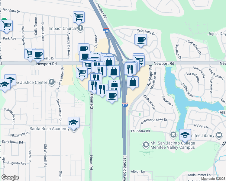 map of restaurants, bars, coffee shops, grocery stores, and more near 30252 Haun Road in Menifee