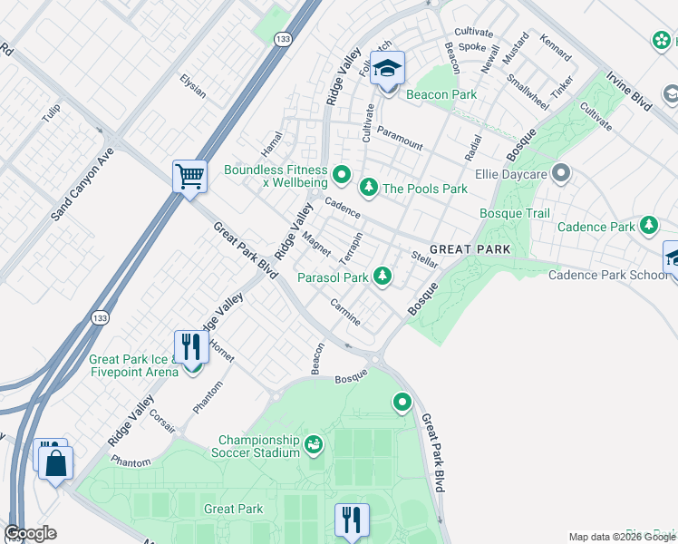 map of restaurants, bars, coffee shops, grocery stores, and more near 188 Terrapin in Irvine