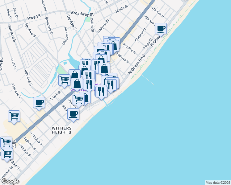 map of restaurants, bars, coffee shops, grocery stores, and more near 207 South Ocean Boulevard in Myrtle Beach