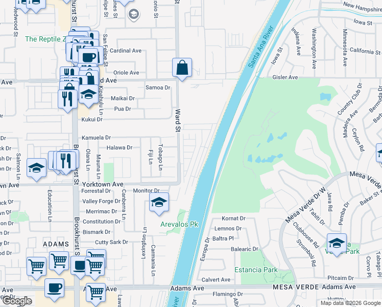 map of restaurants, bars, coffee shops, grocery stores, and more near 19350 Ward Street in Huntington Beach