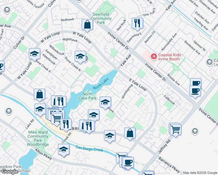 map of restaurants, bars, coffee shops, grocery stores, and more near 55 Lakeshore in Irvine