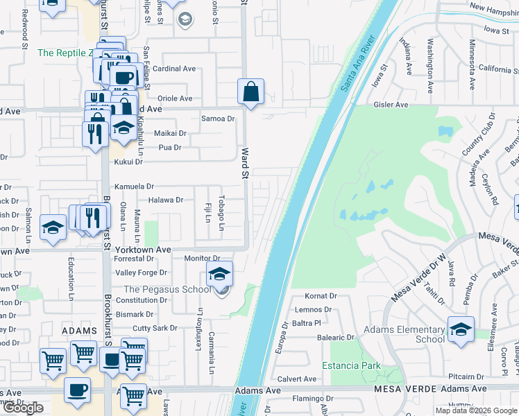 map of restaurants, bars, coffee shops, grocery stores, and more near 19350 Ward Street in Huntington Beach