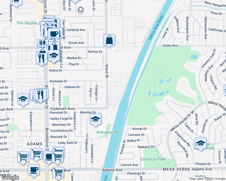map of restaurants, bars, coffee shops, grocery stores, and more near 19350 South Ward Street in Huntington Beach