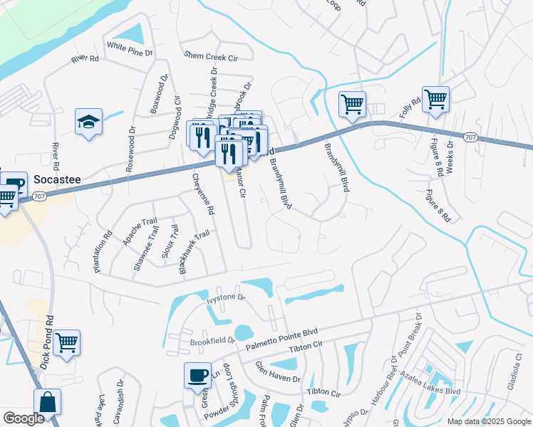 map of restaurants, bars, coffee shops, grocery stores, and more near 104 Loggers Run in Myrtle Beach