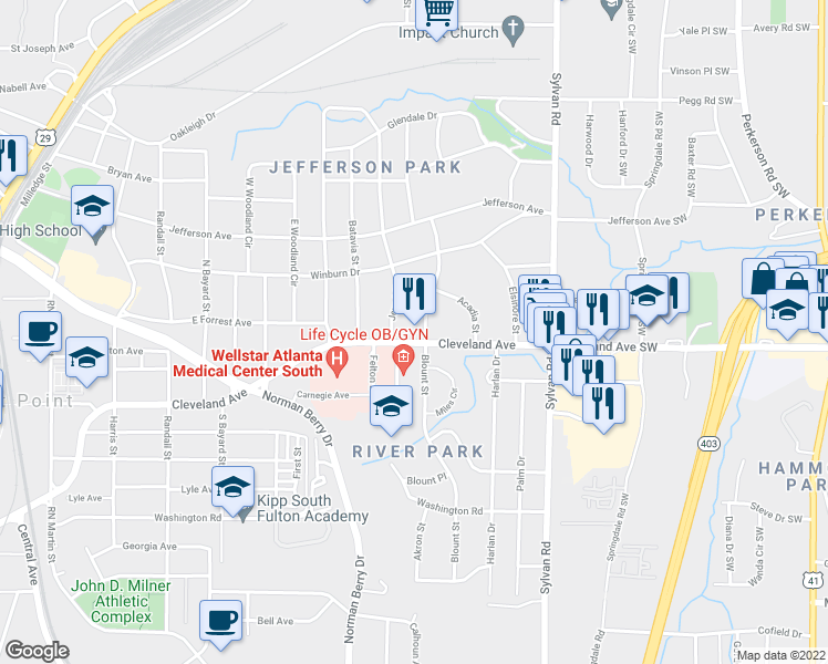 map of restaurants, bars, coffee shops, grocery stores, and more near 1065 Cleveland Avenue in East Point