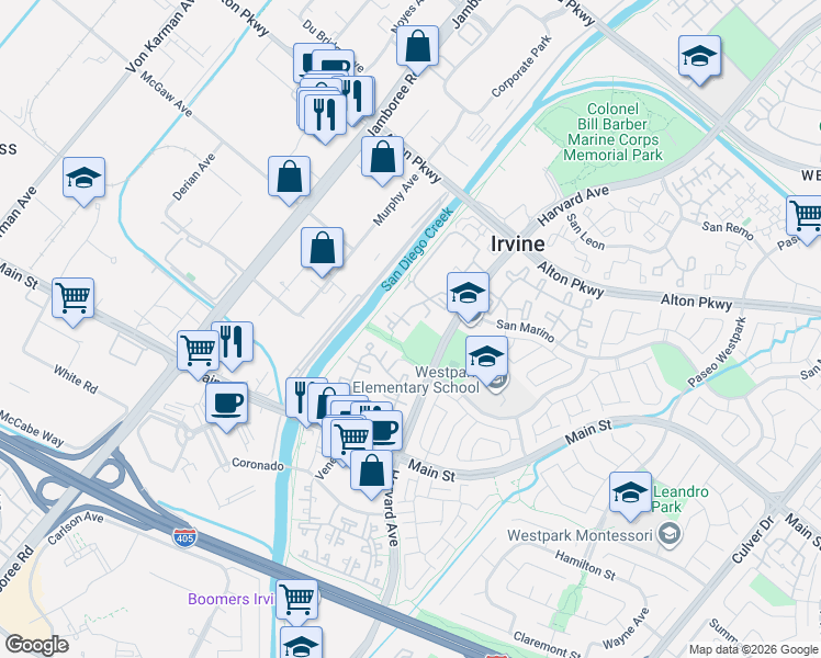 map of restaurants, bars, coffee shops, grocery stores, and more near 65 Costero Aisle in Irvine