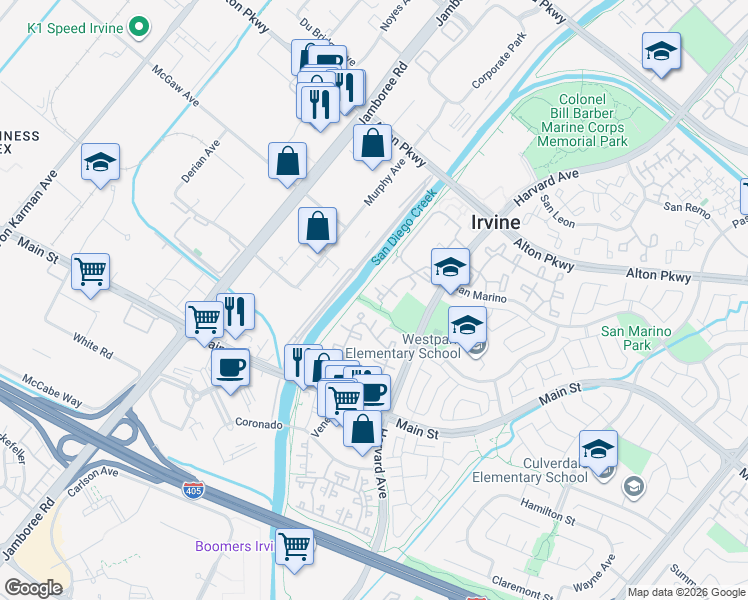 map of restaurants, bars, coffee shops, grocery stores, and more near 65 Costero Aisle in Irvine