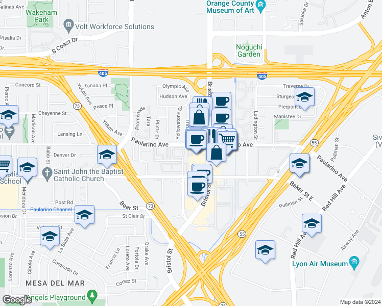 map of restaurants, bars, coffee shops, grocery stores, and more near 720 Paularino Avenue in Costa Mesa