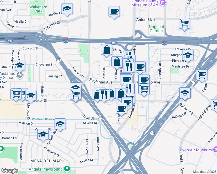 map of restaurants, bars, coffee shops, grocery stores, and more near 782 Paularino Avenue in Costa Mesa