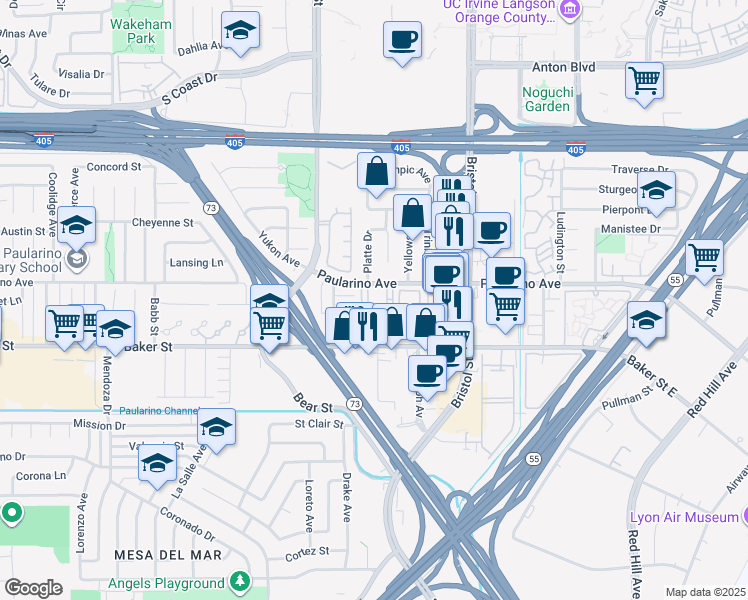 map of restaurants, bars, coffee shops, grocery stores, and more near 782 Paularino Avenue in Costa Mesa