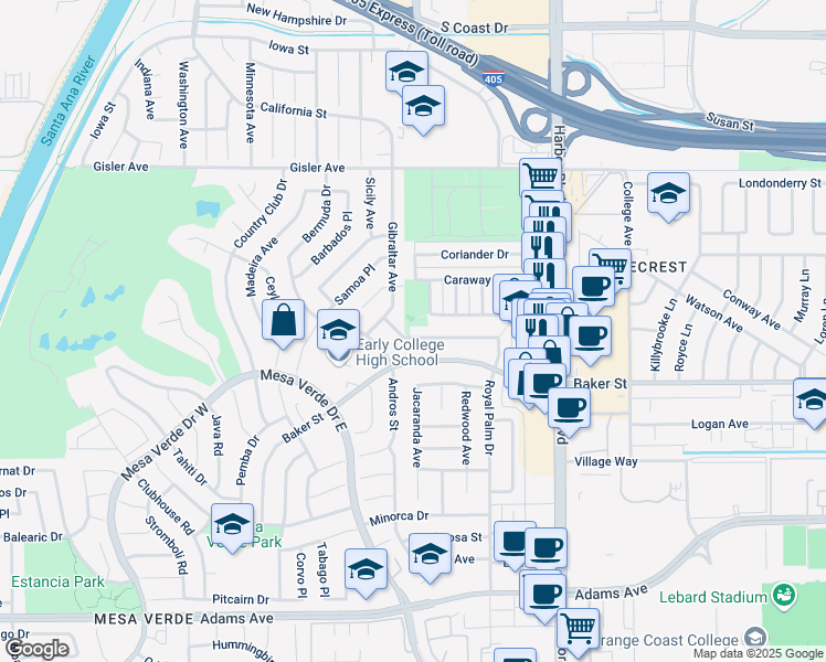 map of restaurants, bars, coffee shops, grocery stores, and more near 1640 Corsica Place in Costa Mesa