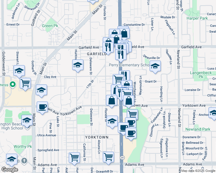 map of restaurants, bars, coffee shops, grocery stores, and more near 719 Owen Drive in Huntington Beach