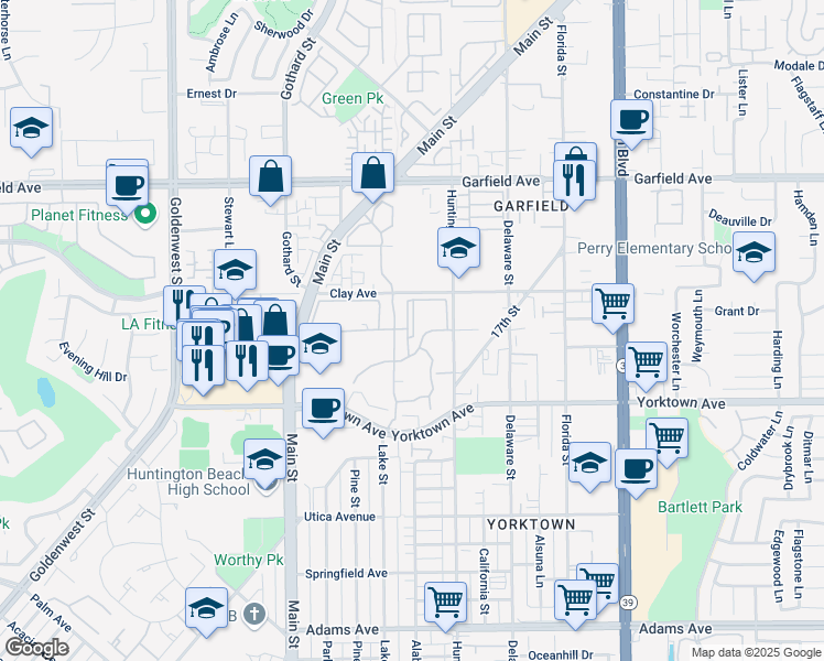 map of restaurants, bars, coffee shops, grocery stores, and more near 19311 Sunray Lane in Huntington Beach