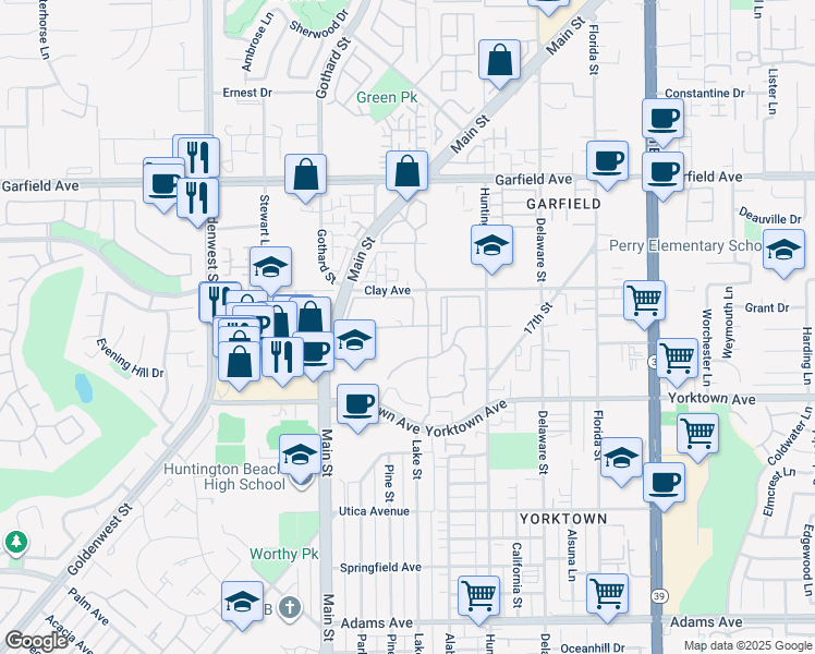 map of restaurants, bars, coffee shops, grocery stores, and more near 7362 Yellowtail Drive in Huntington Beach