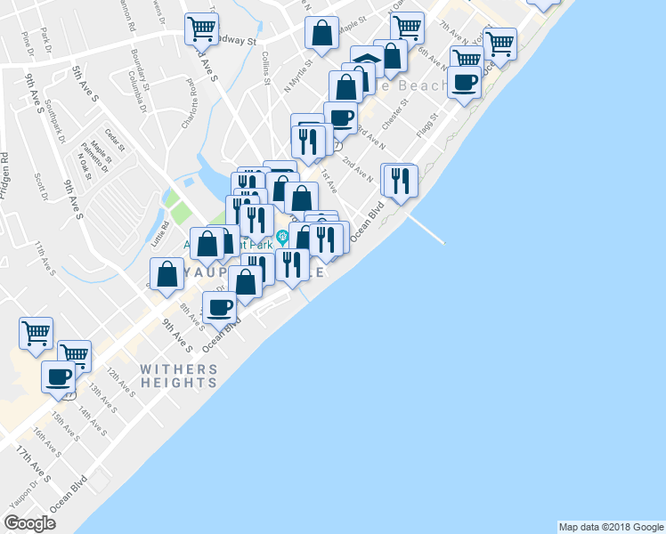 map of restaurants, bars, coffee shops, grocery stores, and more near 202 South Ocean Boulevard in Myrtle Beach