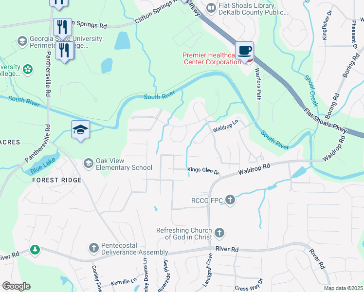 map of restaurants, bars, coffee shops, grocery stores, and more near 3527 Waldrop Trail in Decatur