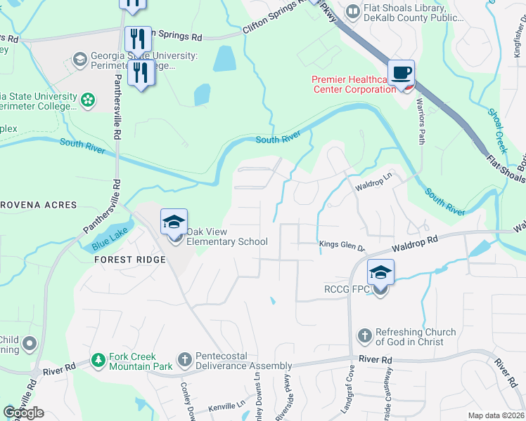 map of restaurants, bars, coffee shops, grocery stores, and more near 6303 Waldrop Place in Decatur