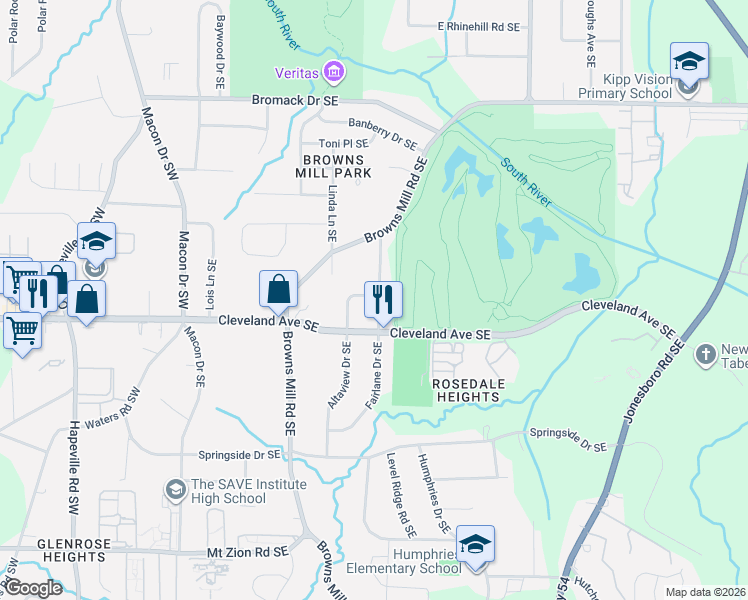 map of restaurants, bars, coffee shops, grocery stores, and more near 2655 Fairlane Drive Southeast in Atlanta
