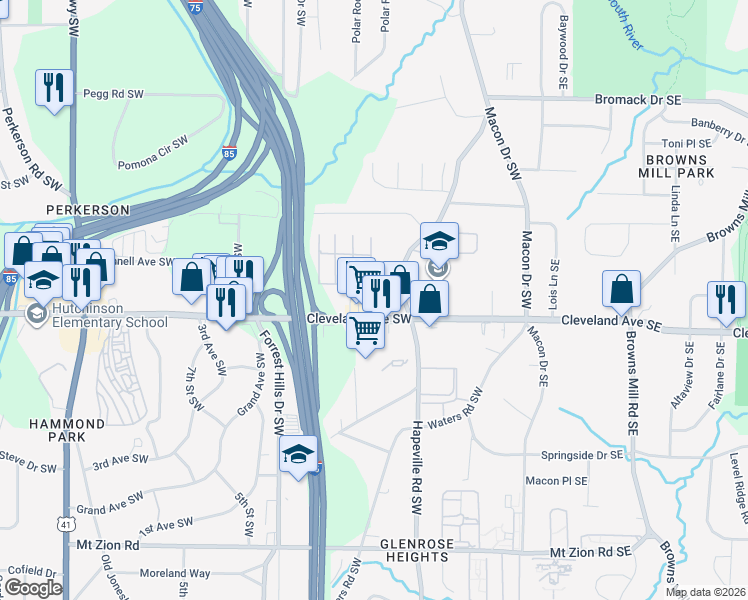 map of restaurants, bars, coffee shops, grocery stores, and more near 2637 Old Hapeville Road Southwest in Atlanta