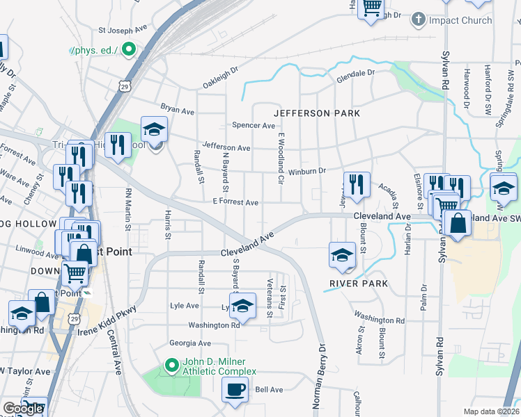 map of restaurants, bars, coffee shops, grocery stores, and more near 1256 East Forrest Avenue in East Point