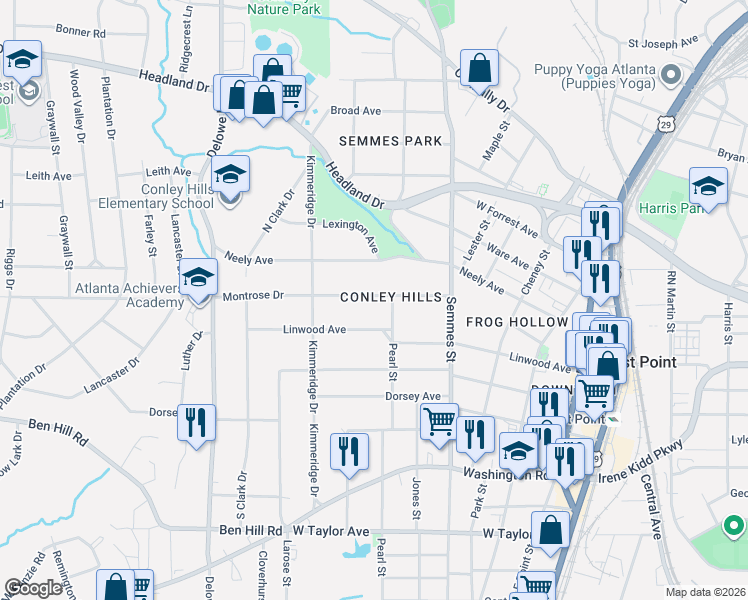 map of restaurants, bars, coffee shops, grocery stores, and more near 1913 Montrose Drive in East Point