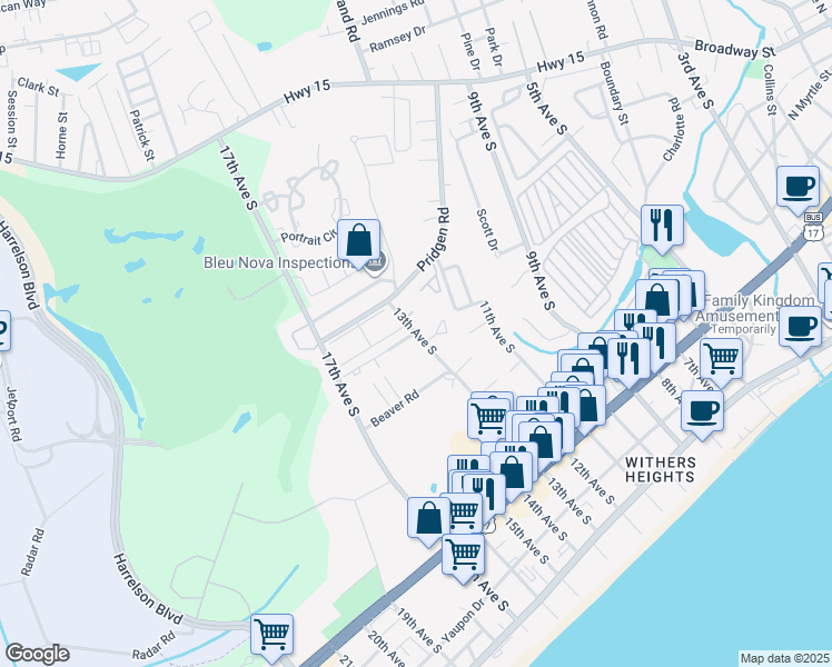 map of restaurants, bars, coffee shops, grocery stores, and more near 1203 Erin Way in Myrtle Beach