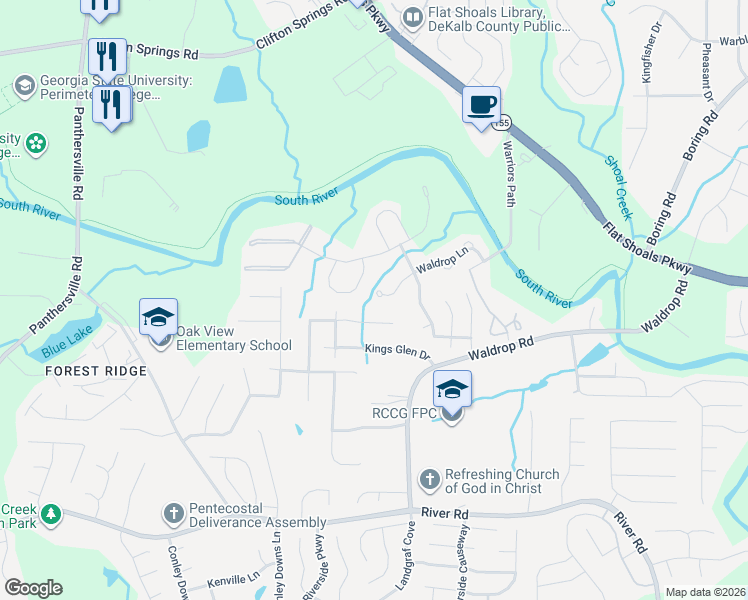 map of restaurants, bars, coffee shops, grocery stores, and more near 3911 Waldrop Lane in Decatur