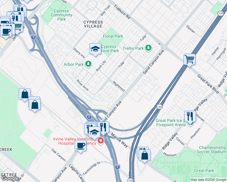 map of restaurants, bars, coffee shops, grocery stores, and more near 80 Tallowood in Irvine