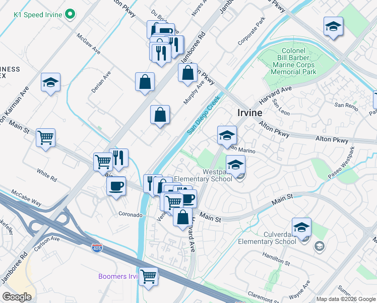 map of restaurants, bars, coffee shops, grocery stores, and more near 91 Costero Aisle in Irvine