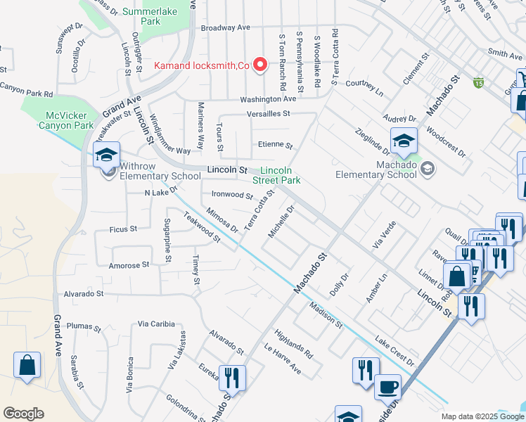 map of restaurants, bars, coffee shops, grocery stores, and more near 32204 Terra Cotta Street in Lake Elsinore