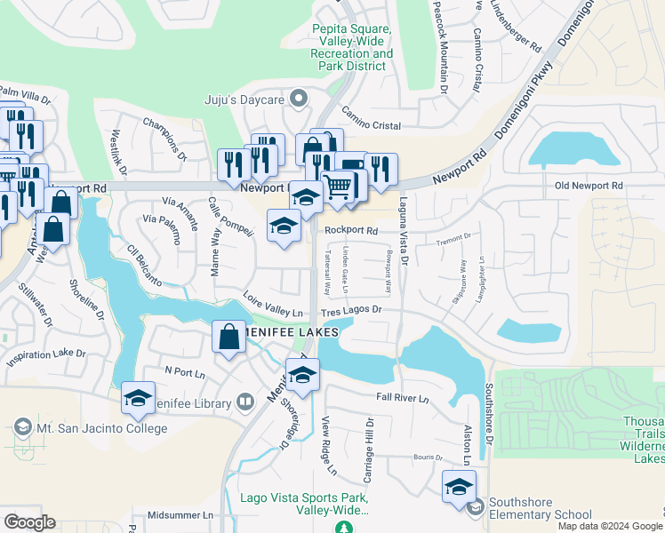 map of restaurants, bars, coffee shops, grocery stores, and more near 30216 Tattersail Way in Menifee