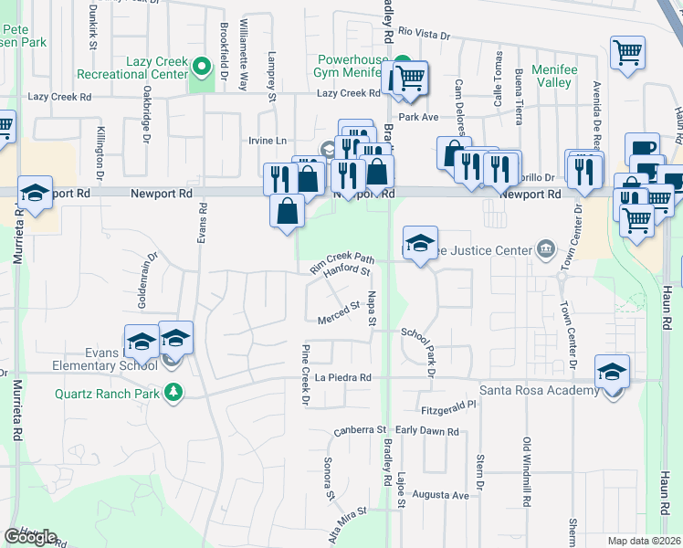 map of restaurants, bars, coffee shops, grocery stores, and more near 26920 Hanford Street in Menifee