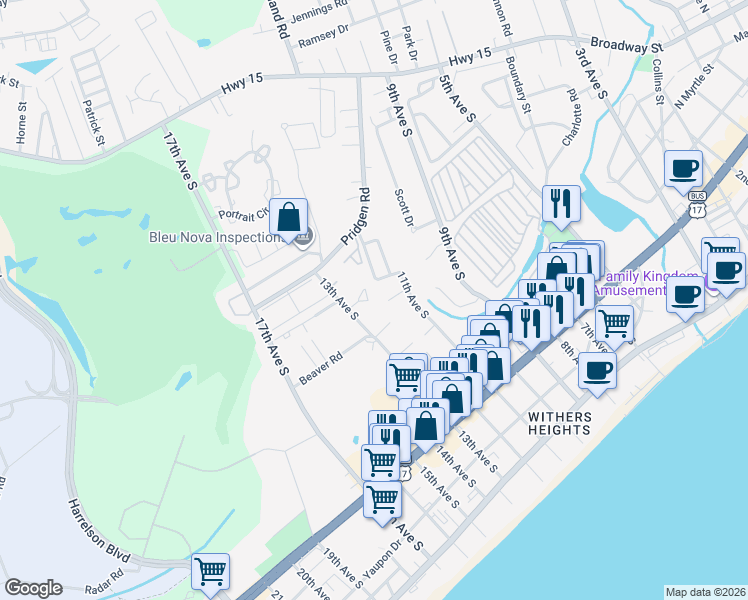 map of restaurants, bars, coffee shops, grocery stores, and more near 722 Sandridge Place in Myrtle Beach