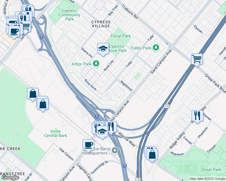 map of restaurants, bars, coffee shops, grocery stores, and more near 87 Evening Sun in Irvine