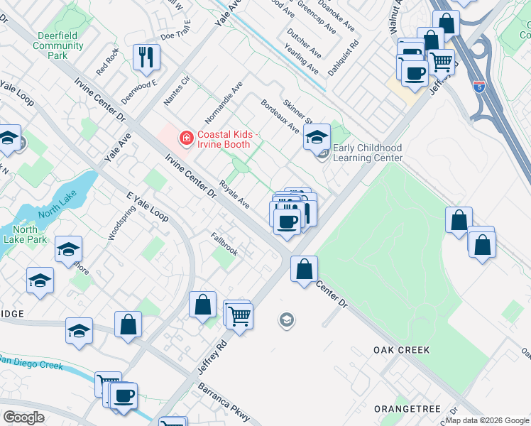 map of restaurants, bars, coffee shops, grocery stores, and more near 15441 Alsace Circle in Irvine