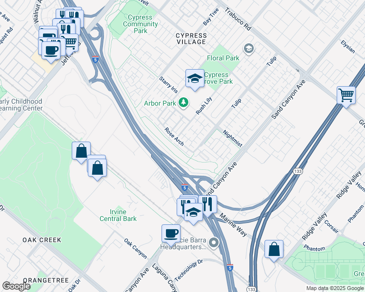 map of restaurants, bars, coffee shops, grocery stores, and more near 186 Rose Arch in Irvine