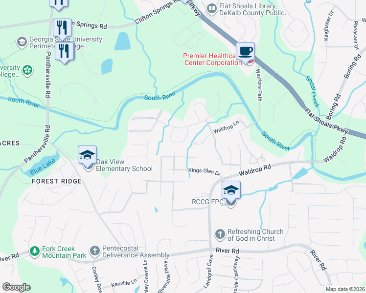 map of restaurants, bars, coffee shops, grocery stores, and more near 3516 Waldrop Trail in Decatur