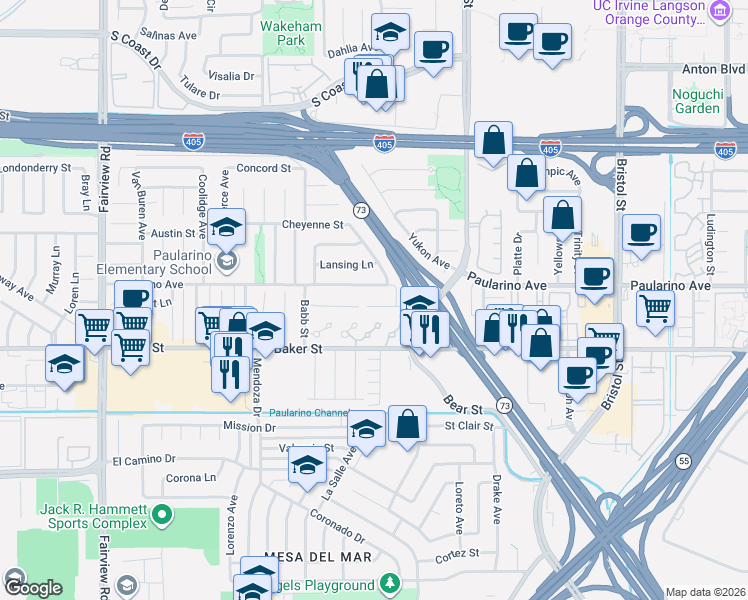 map of restaurants, bars, coffee shops, grocery stores, and more near 930 Helena Circle in Costa Mesa