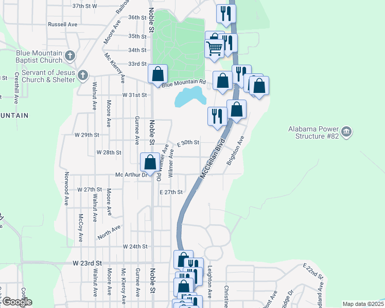 map of restaurants, bars, coffee shops, grocery stores, and more near 200 East 30th Street in Anniston