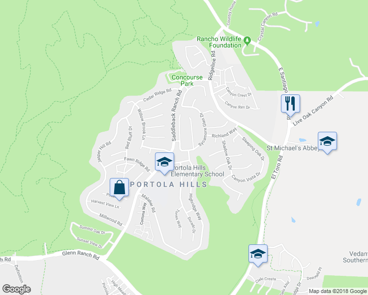 map of restaurants, bars, coffee shops, grocery stores, and more near 19292 Echo Pass Road in Trabuco Canyon