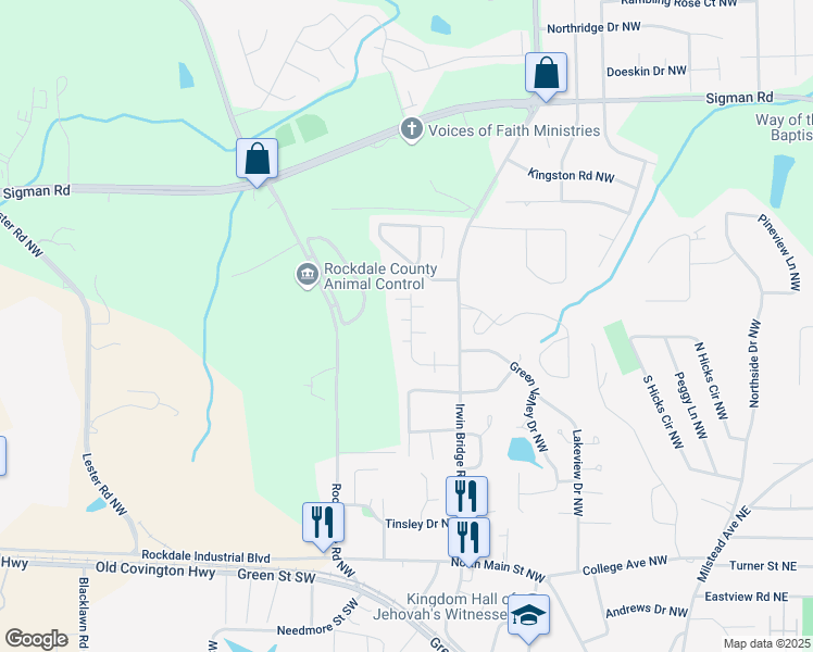 map of restaurants, bars, coffee shops, grocery stores, and more near 1204 Cedar Creek Court Northwest in Conyers