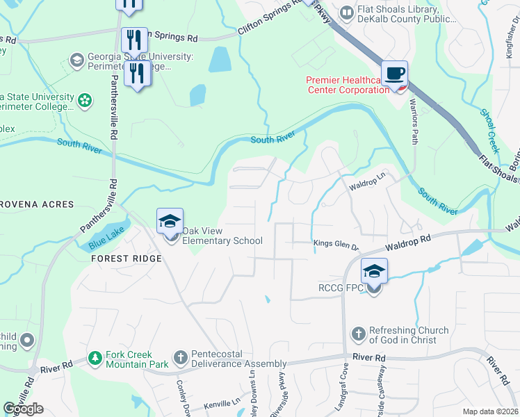 map of restaurants, bars, coffee shops, grocery stores, and more near 6303 Waldrop Place in Decatur